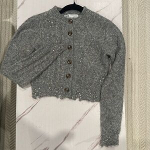 Grey Rhinestone embroidery cardigan